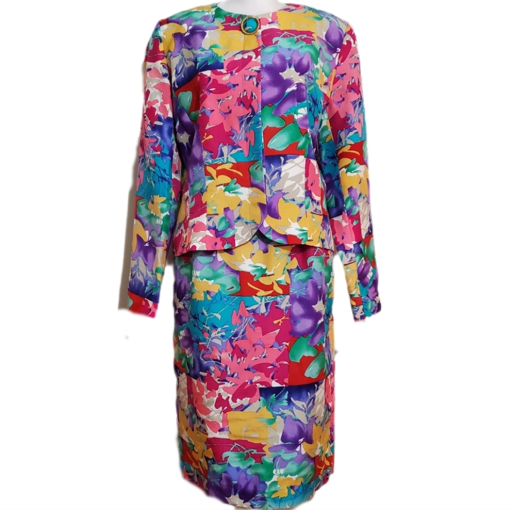 Anne Crimmins for UMI Collections vtg silk floral straight skirt blazer suit 8 - Picture 1 of 12